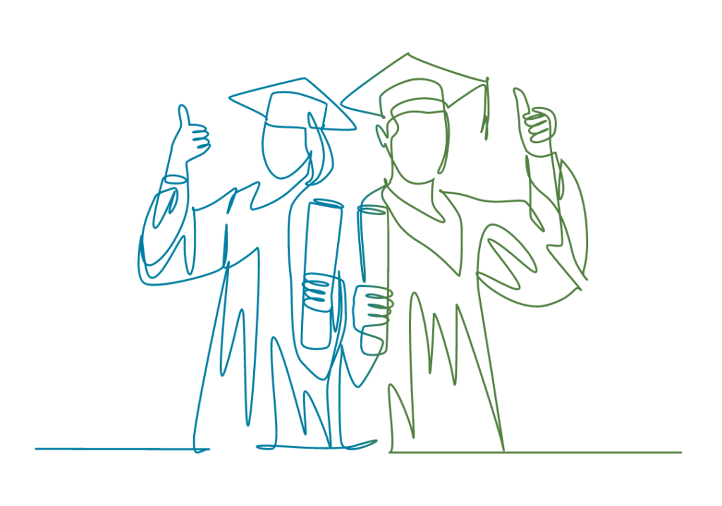 A single line drawing of two graduates holding diplomas and giving a thumbs up.
