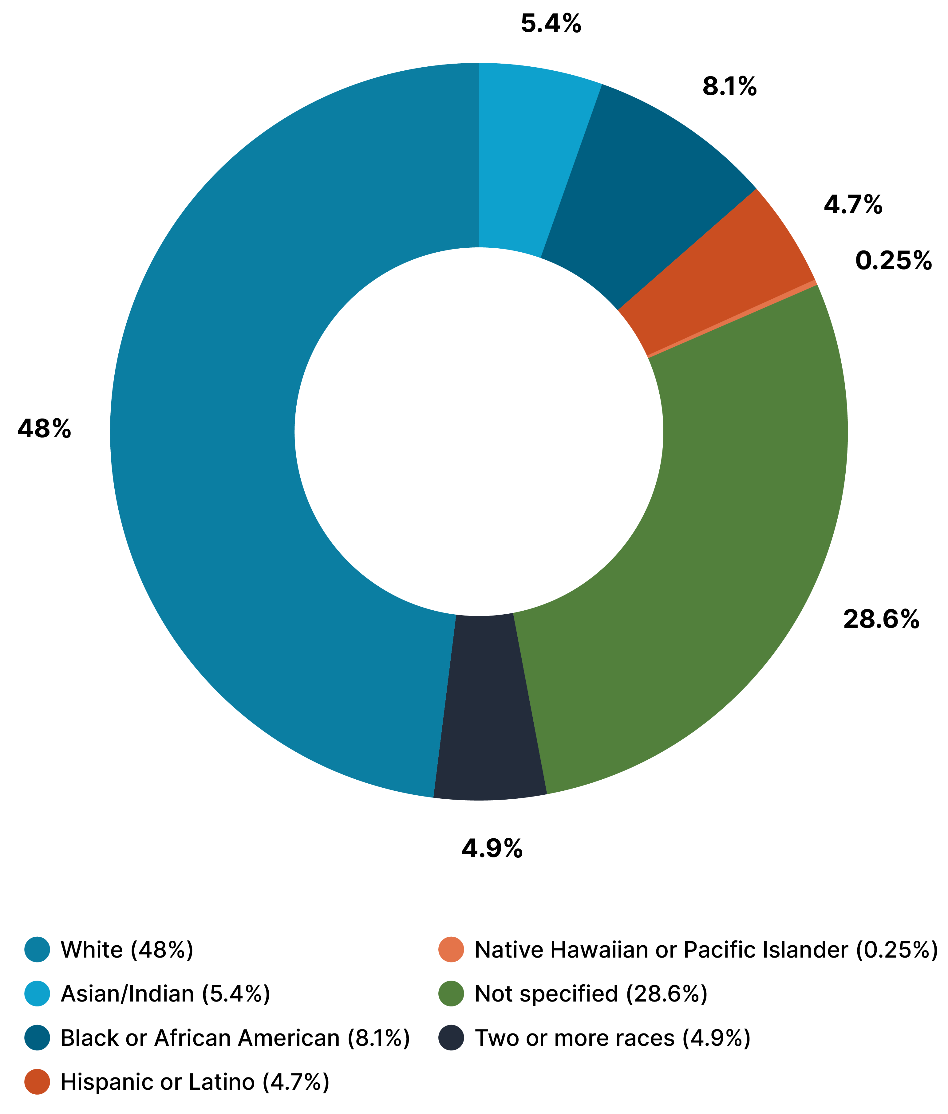 A pie chart depicting ethnicities at Noodle, 48% White, 5.4% Asian/Indian, 8.1% Black or African American, 4.7% Hispanic or Latino, 0.25% Native Hawaiian or Pacific Islander, 28.6% Not Specified, and 4.9% Two or more races.