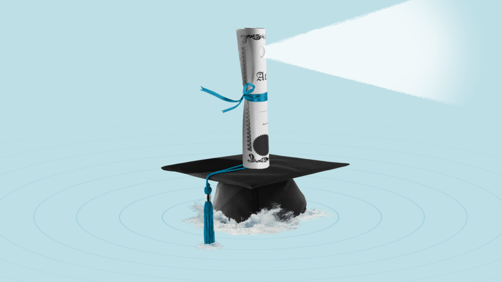 A rolled up diploma sits vertically on top of a graduation cap with a light beaming out of it, like a lighthouse.