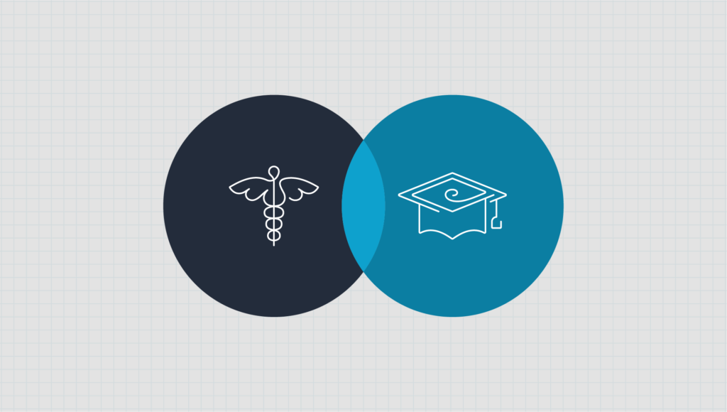 Two differently colored blue circles, one containing a medical symbol, the other containing a graduation cap, overlap each other slightly.