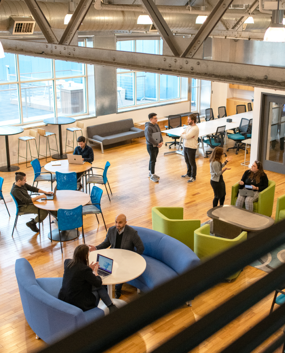 Noodle team members work together in an open office space.