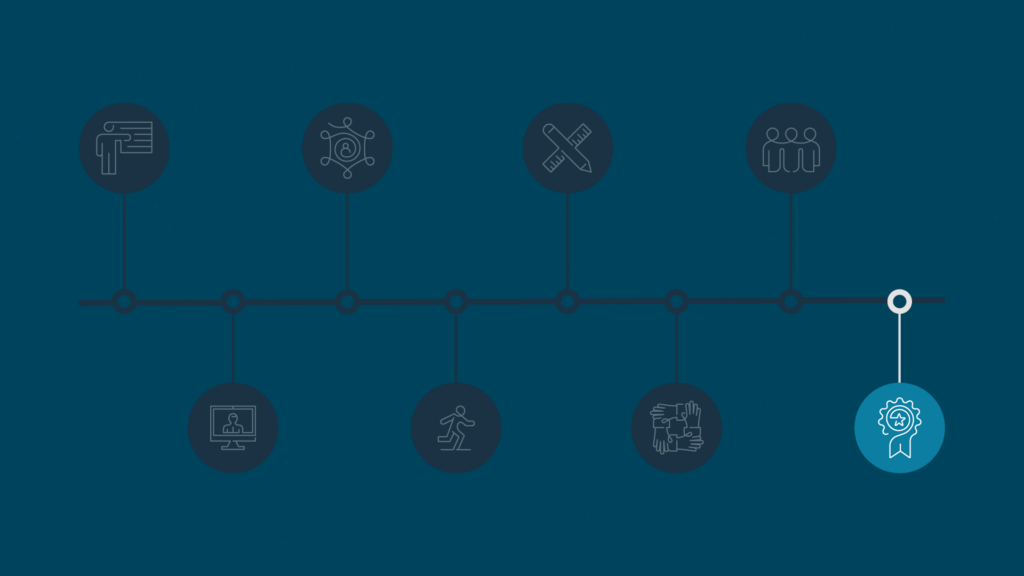 A horizontal line connected to education related icons; the eighth icon of an award ribbon is highlighted.