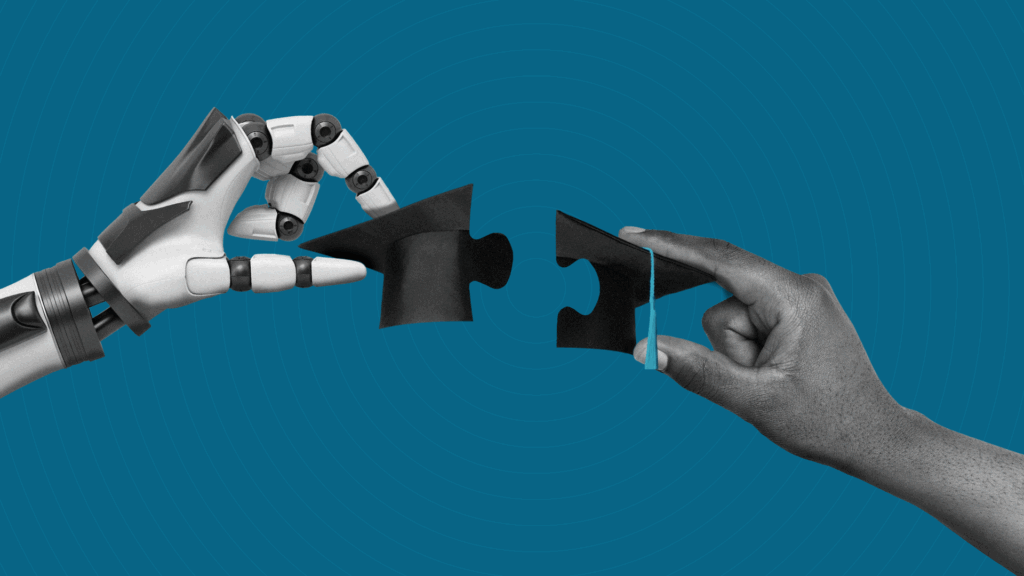 A robotic hand and a human hand each hold a puzzle piece, facing each other against a blue background.