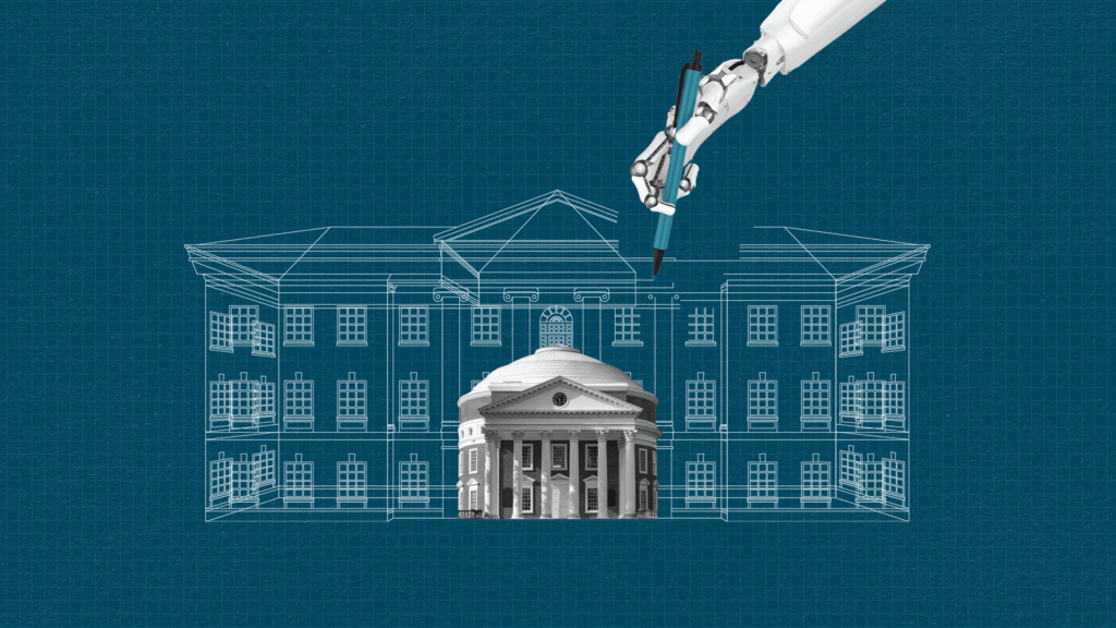 A robotic hand holds a pen, drawing a detailed architectural blueprint of a neoclassical building with a dome, on a blue background grid.