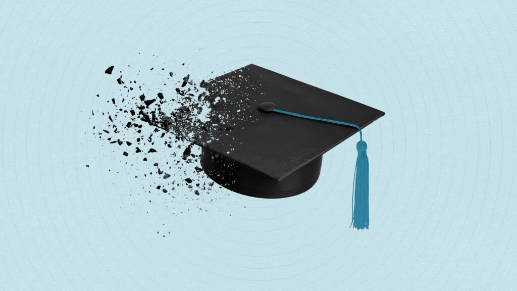 A graduation cap with its right half disintegrating into tiny pieces, set against a light blue background with subtle circular patterns.