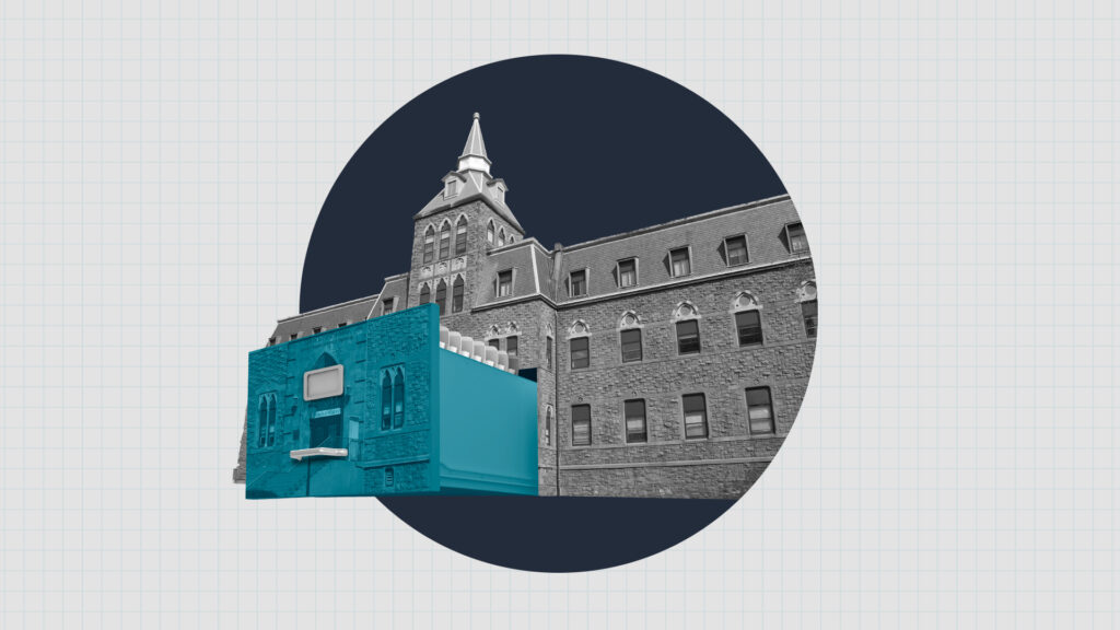 An instituitional building in the background, with the front section of the building highlighted in blue and also serving as a filing cabinet drawer.