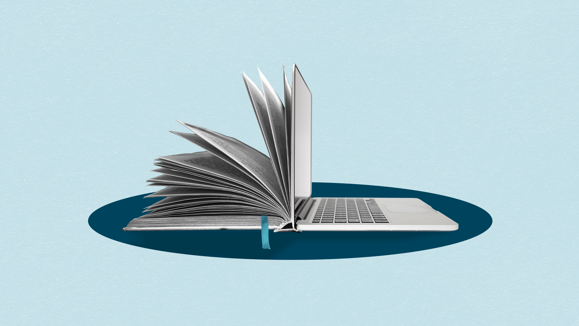 An open book of flipping pages on the left transforms into an open laptop on the right.