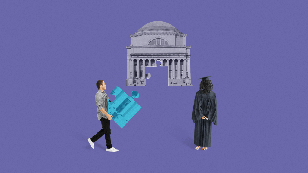 A man holding a puzzle piece and a woman in a graduation cap and gown flank an institutional building with a puzzle piece missing from its center.