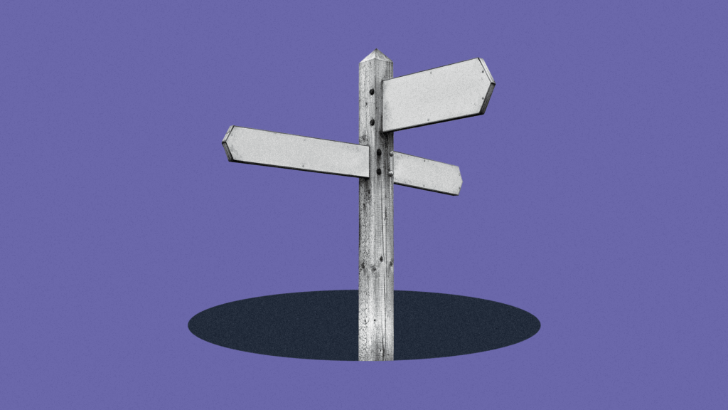 A signpost with blank signs pointing in different directions against a purple background.