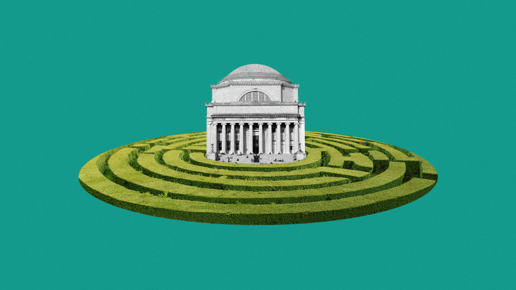 An institutional building in the center of a hedge maze.