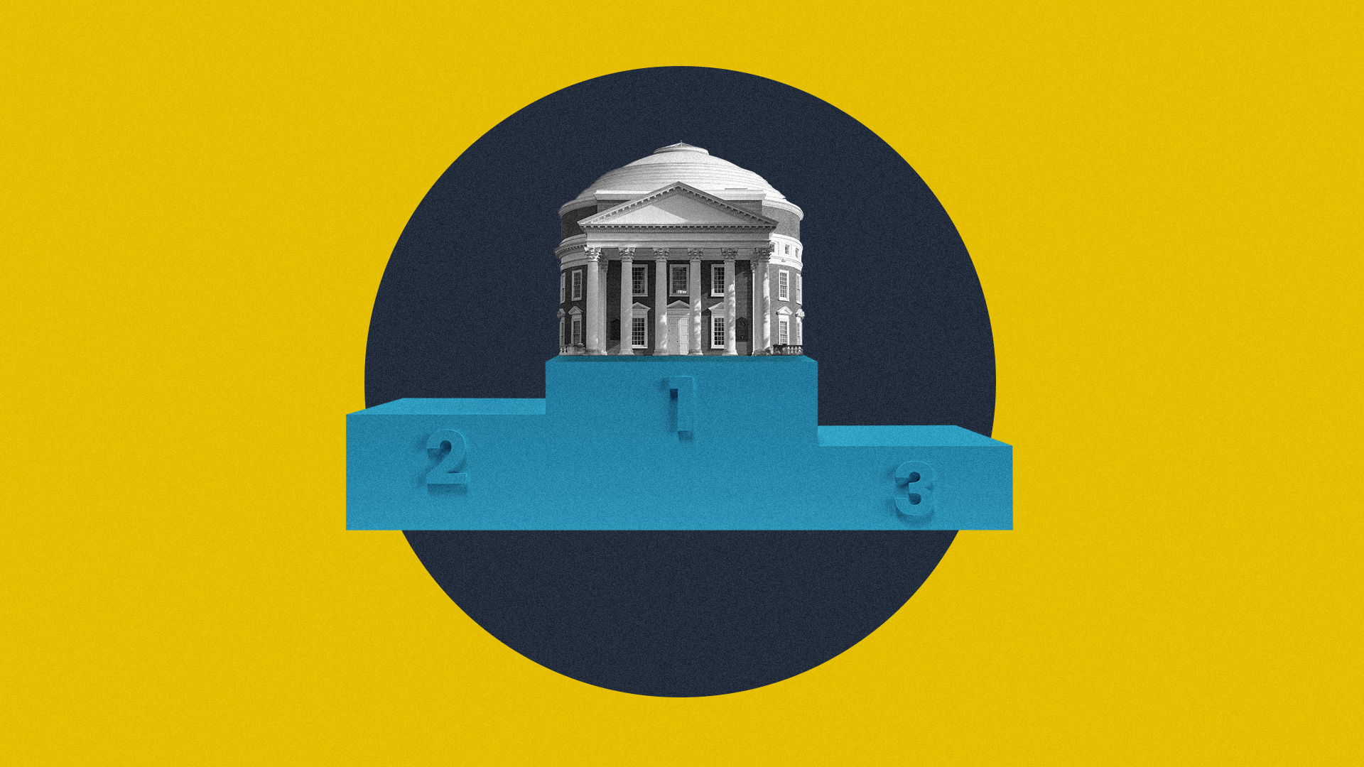 An institutional building perches in the first place spot atop an awards ceremony platform.