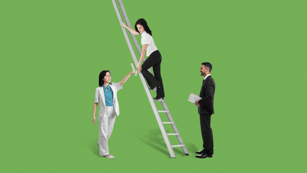 One professional climbs a ladder as two others beside her hand her wooden planks to build the rungs of the ladder higher.