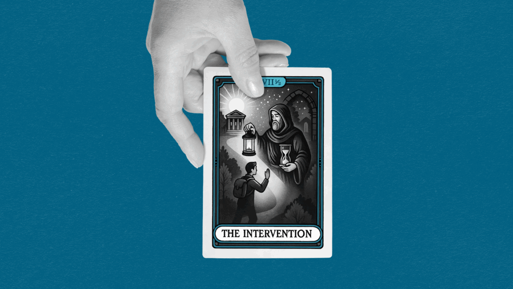 A hand holds a tarot card that reads "The Intervention" on it.