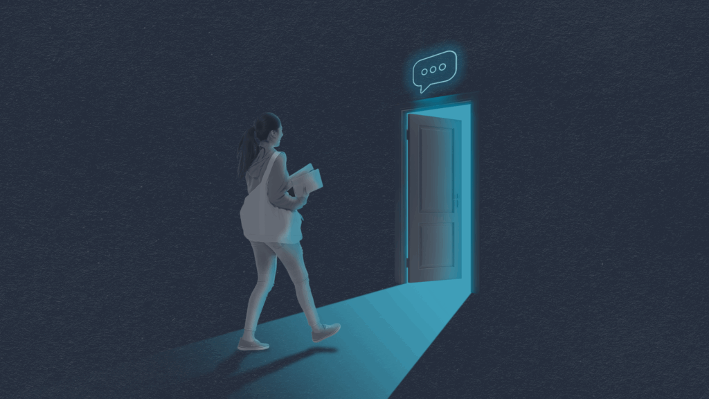 A student carrying books approaches an illuminated doorway with a speech bubble above it.