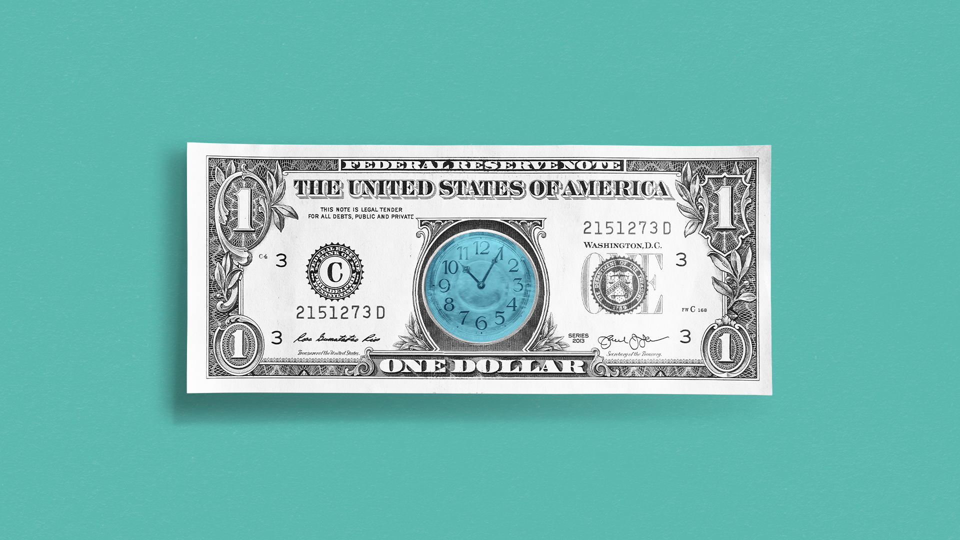 A United States one dollar bill with a clock face in the obverse section.