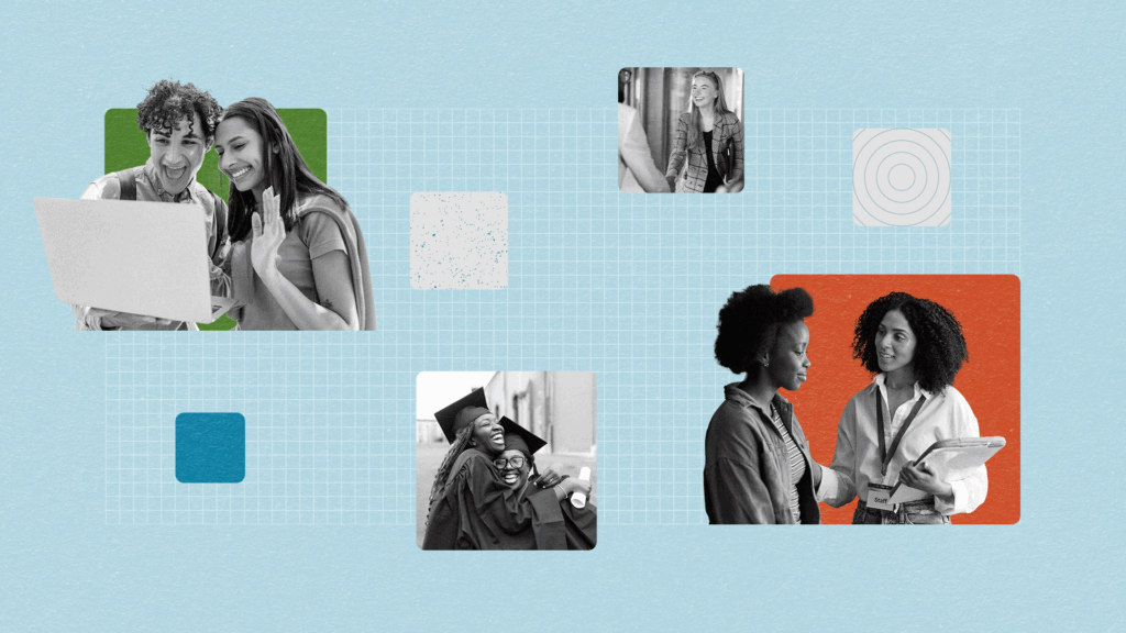 Multiple images of people in community, from graduates celebrating to young professionals in conversation with colleagues.