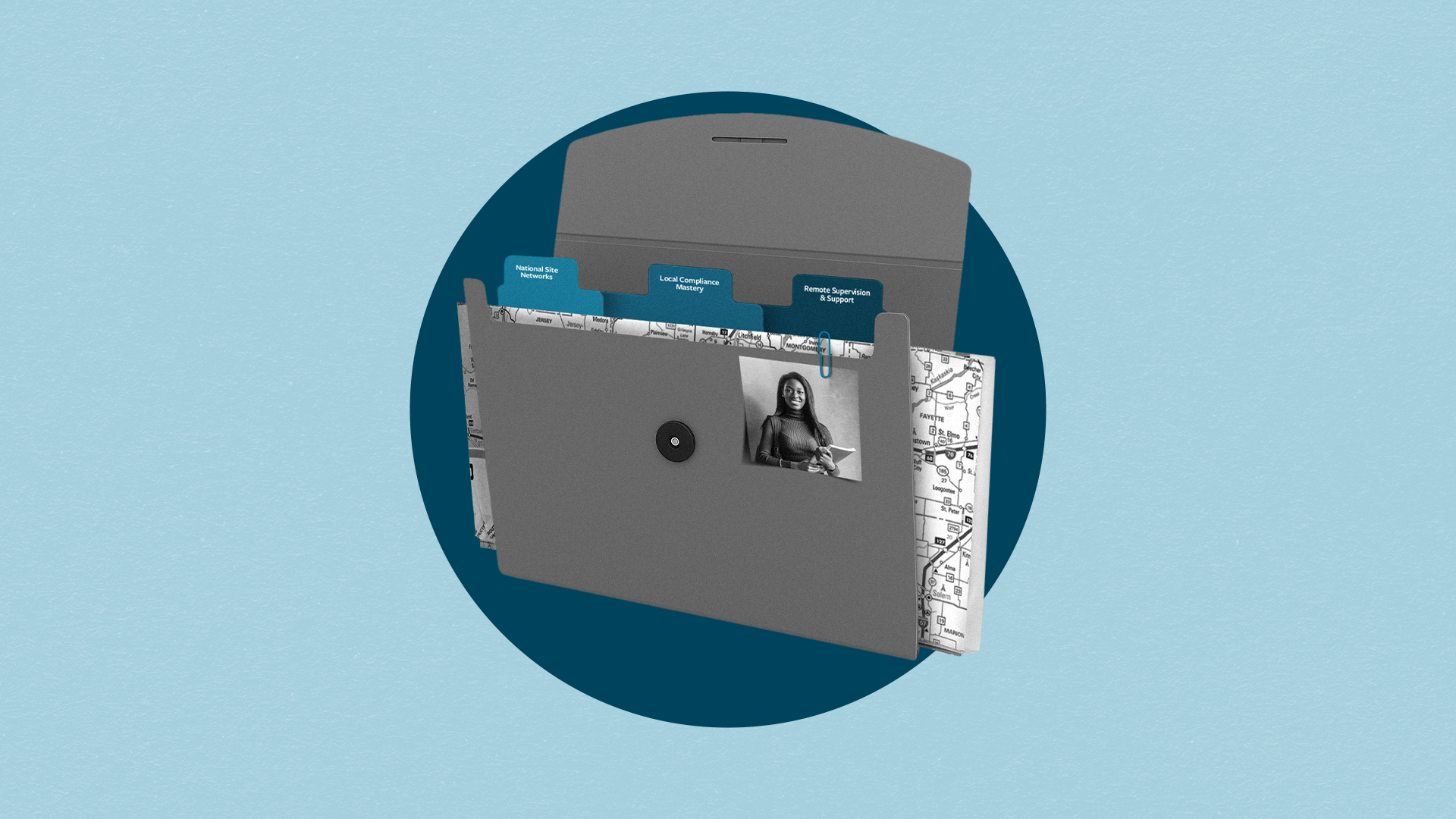 A file folder containing multiple labeled tabs, a map, and a photograph paper clipped to the outside of the folder.