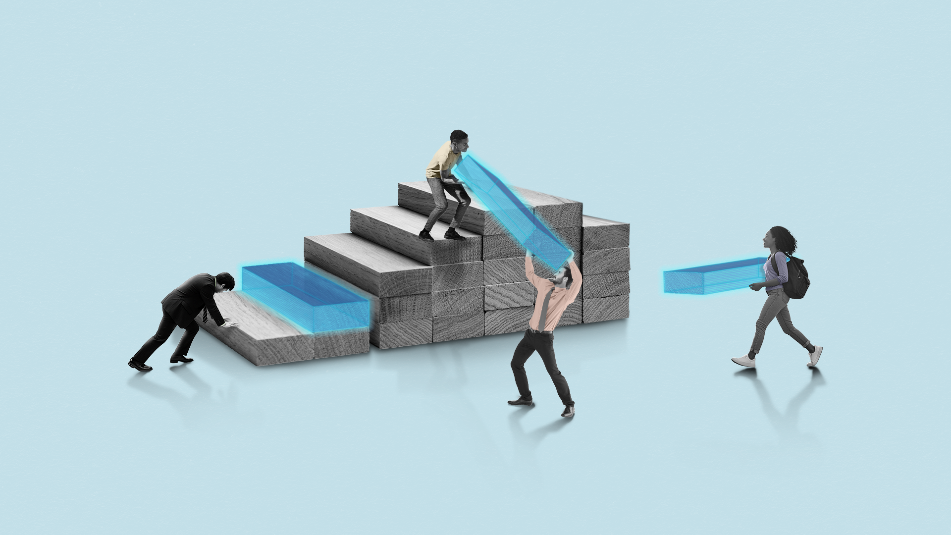 Four people collaborate to build a staircase of wooden blocks, symbolizing teamwork and progress, on a light blue background.
