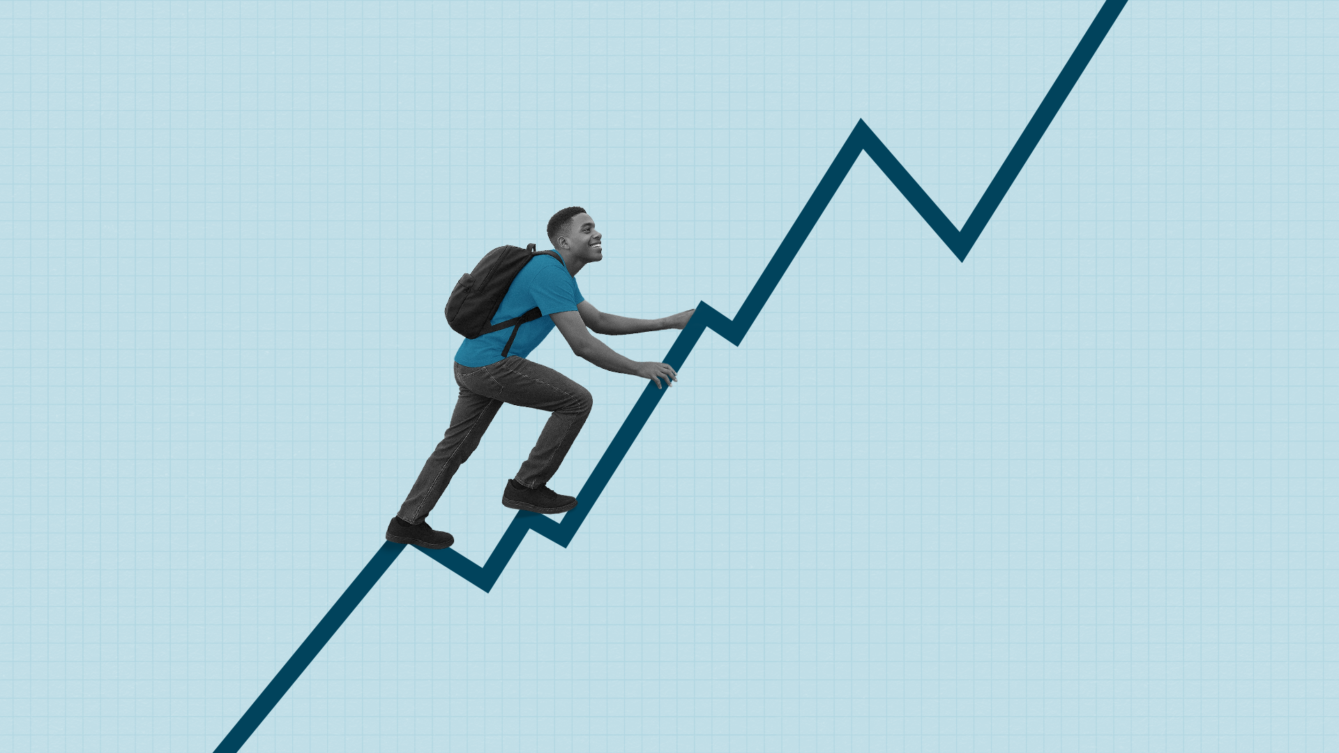 A man wearing a backpack climbs up a line graph in the shape of a mountain range.