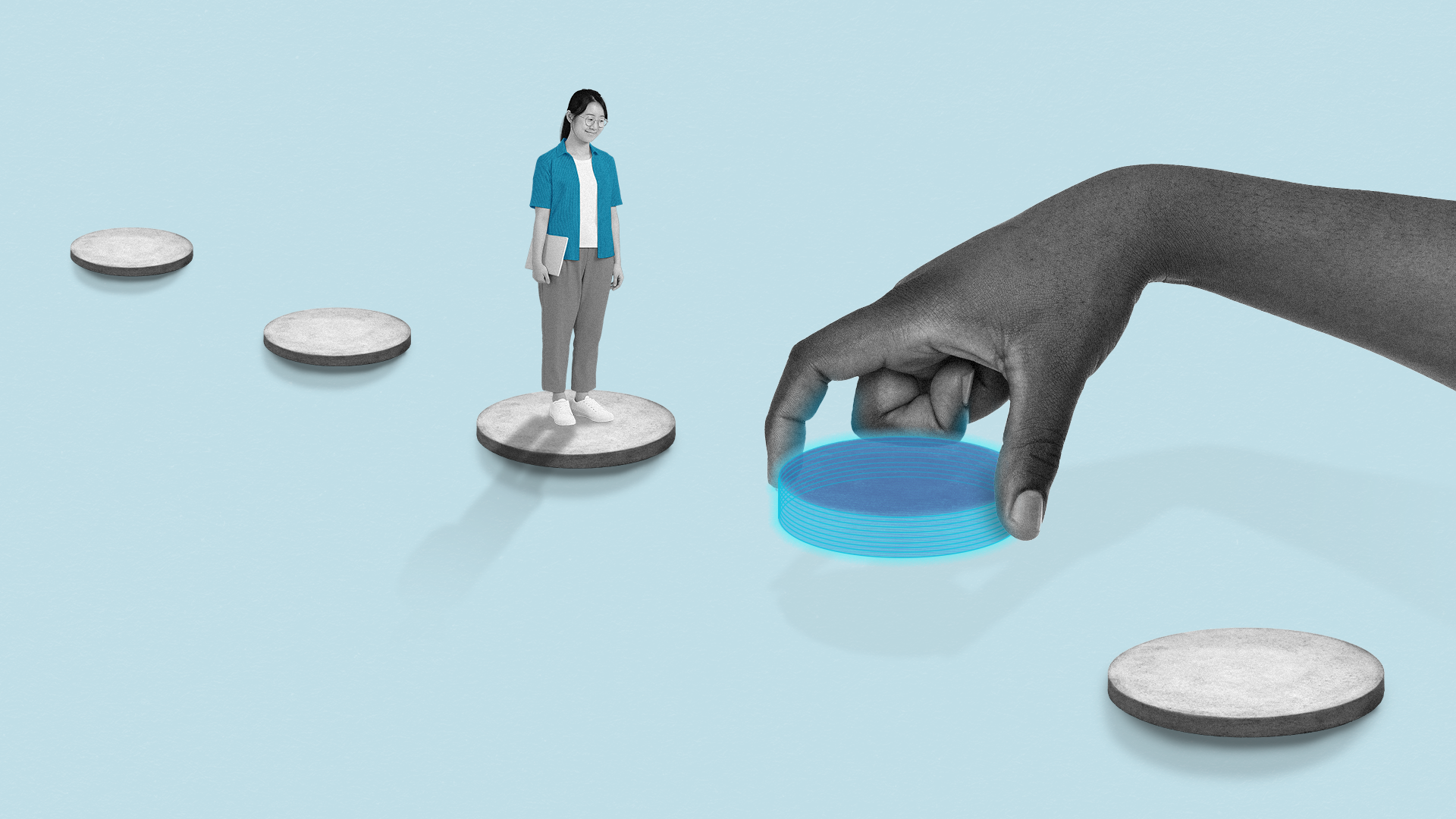 A woman holding a laptop stands on a circular disc in a line of circular disks, as a giant hand places a blue circular disk in front of her.