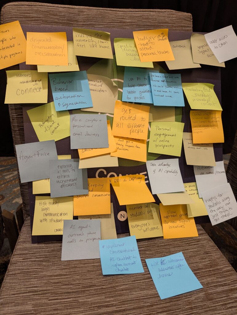 A collection of colored sticky notes with handwritten ideas against a Noodle branded poster.