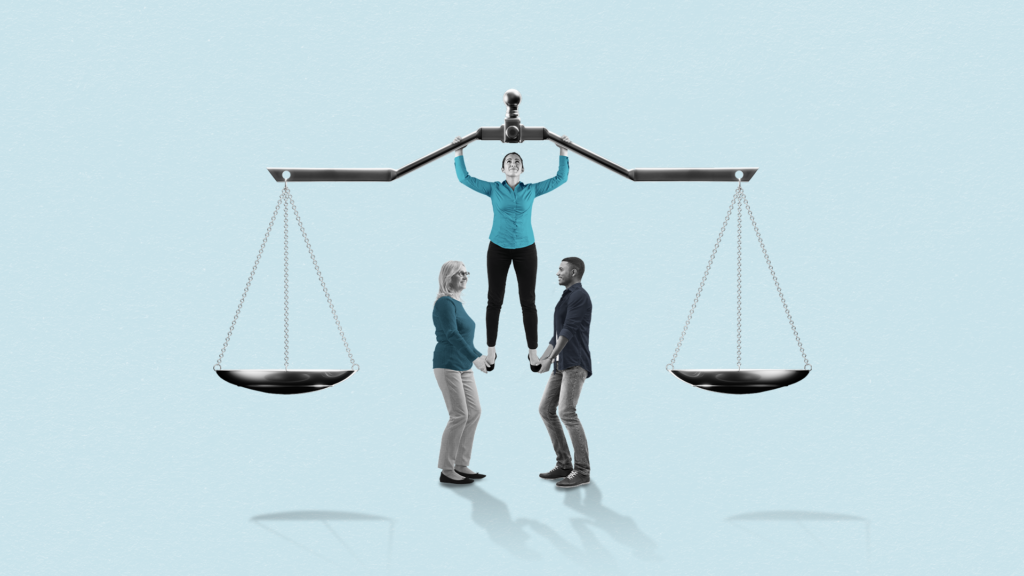 A person hangs from a scale, held by two individuals below, symbolizing balance and teamwork.