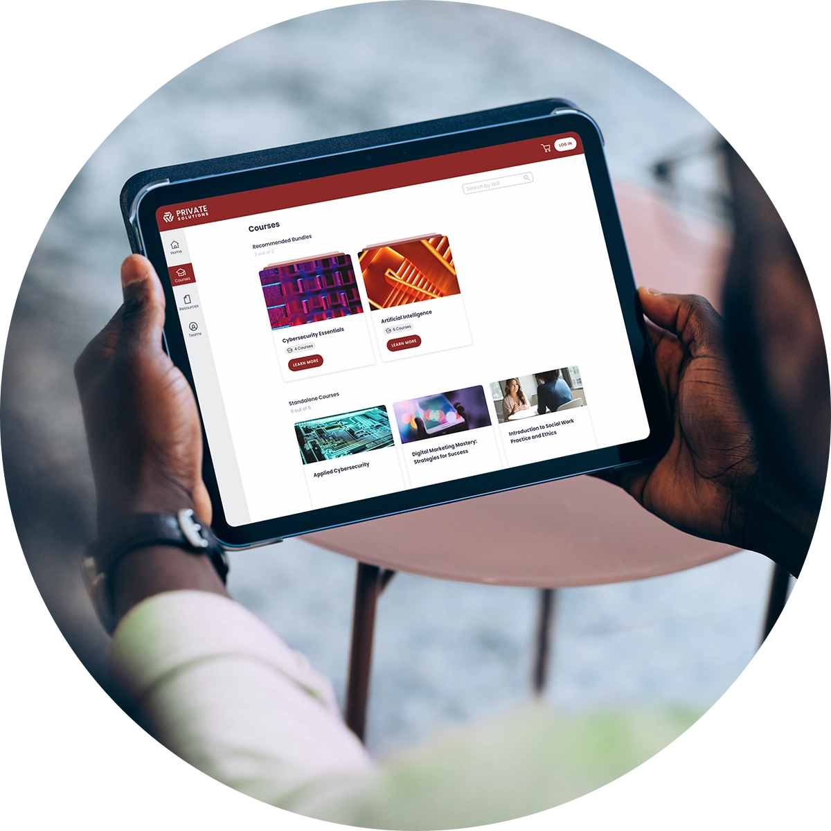 A closeup of hands holding a tablet with information about a sample university's courses displayed on the screen.