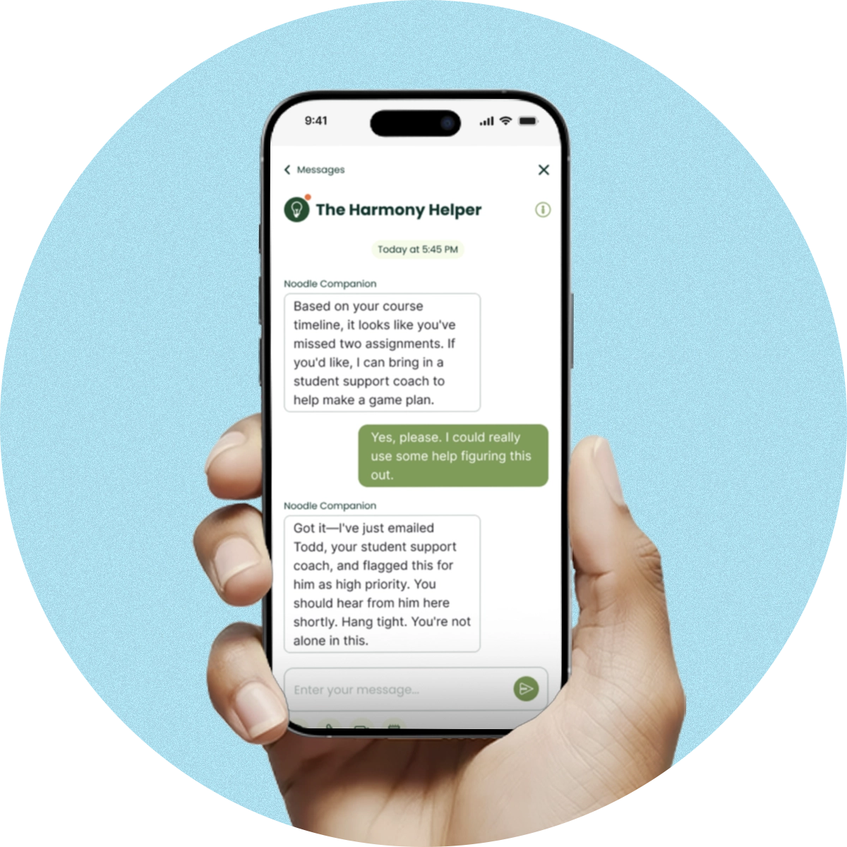 A hand holds a mobile phone with Noodle Companion chat assistance affiliated with a sample university on the screen.