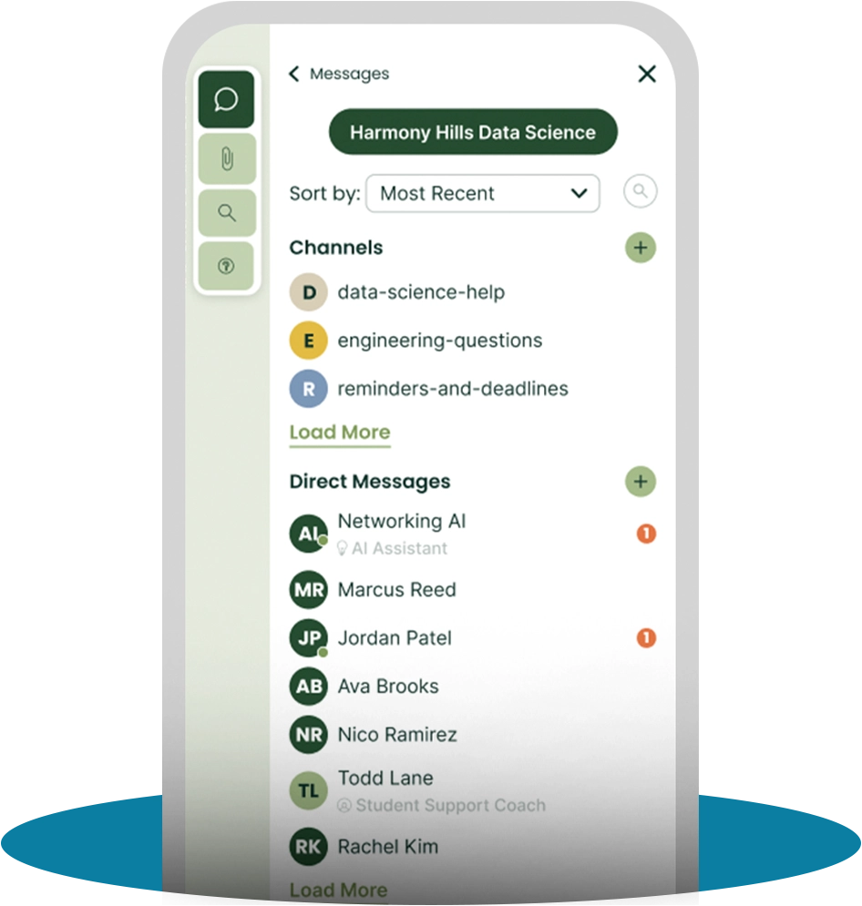 A hand holds a mobile phone with Noodle Companion chat assistance affiliated with a sample university on the screen.