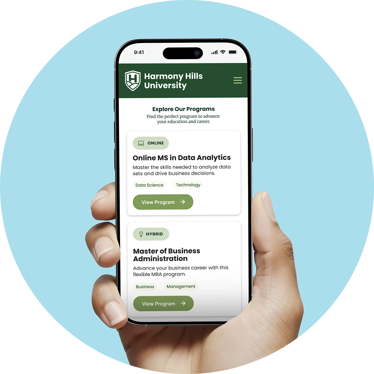 A hand holds a mobile phone with information about a sample university's programs displayed on the screen.