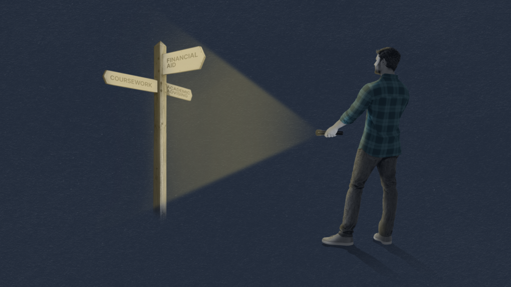 A man shines a flashlight on a signpost showing directions for "Coursework," "Financial Aid," and "Academic Advising."