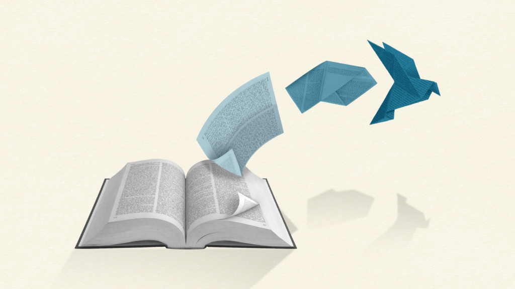 An page flies off an open book in stages, eventually turning into a folded blue origami bird.