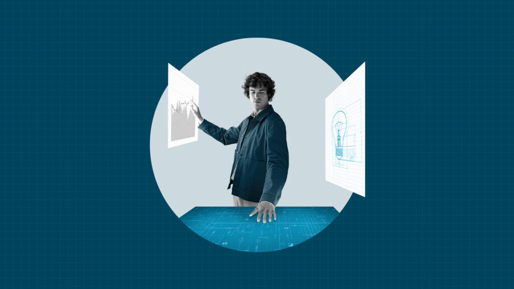 A man interacts with digital screens displaying a graph and a light bulb blueprint, set against a grid background.