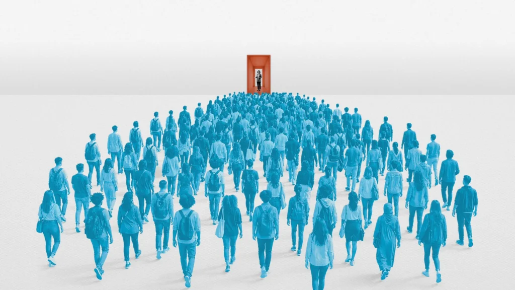 A group of students shaded in blue tones carry backpacks and walk towards a single figure standing in an orange doorway.