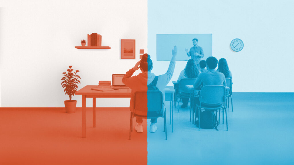 A split image displays a person seated in an orange-toned office on the left while the same person sits among other students in a blue-toned classroom on the right.