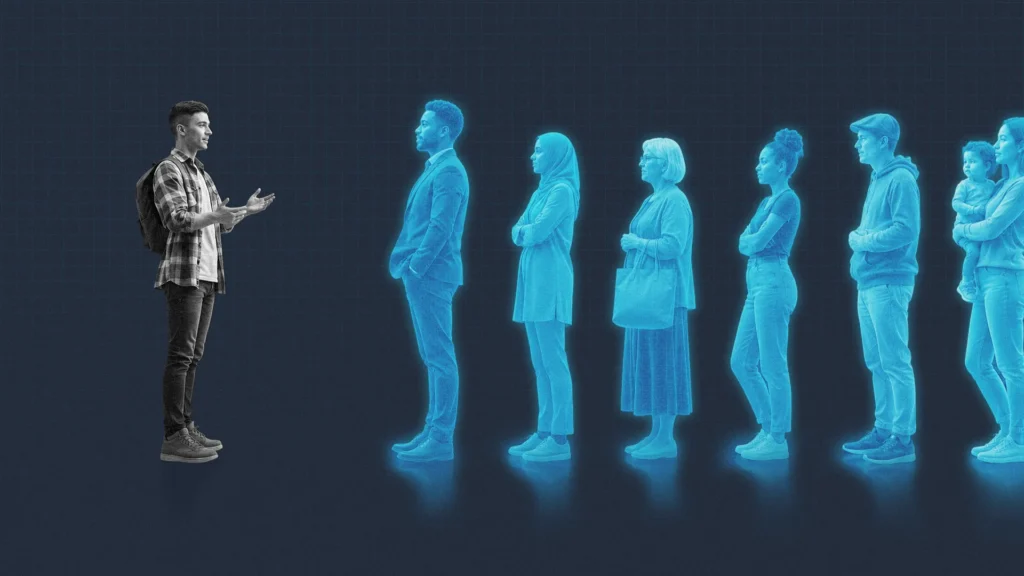 A student wearing a backpack speaks to a line of blue-toned people of varying professional backgrounds.