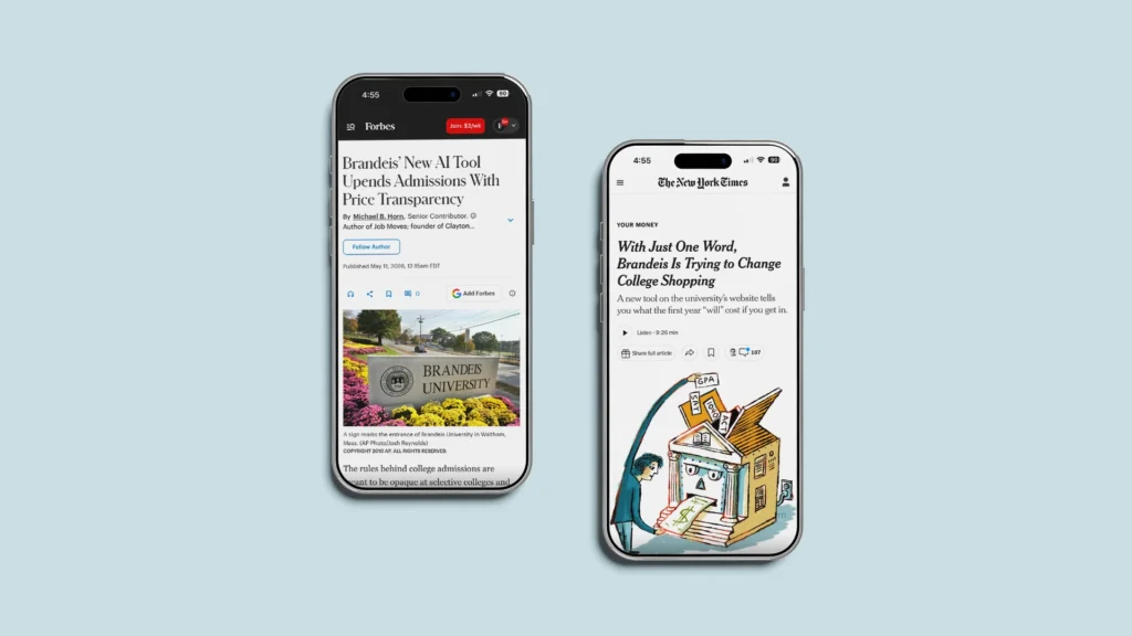 Two mobile phones display articles from Forbes and the New York Times.