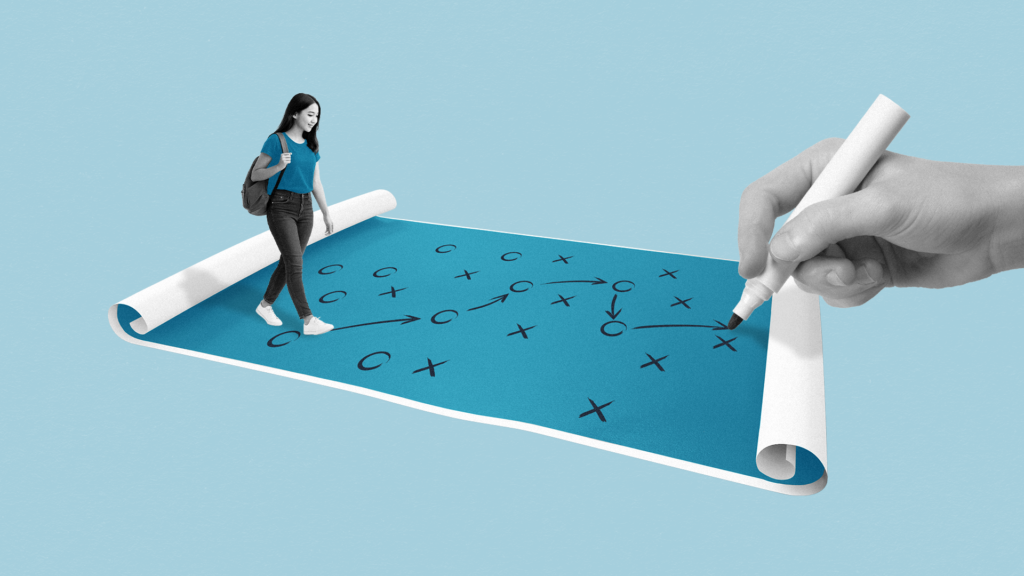 A student with a backpack walks along a path drawn on a strategy playbook as a large hand sketches the route ahead.