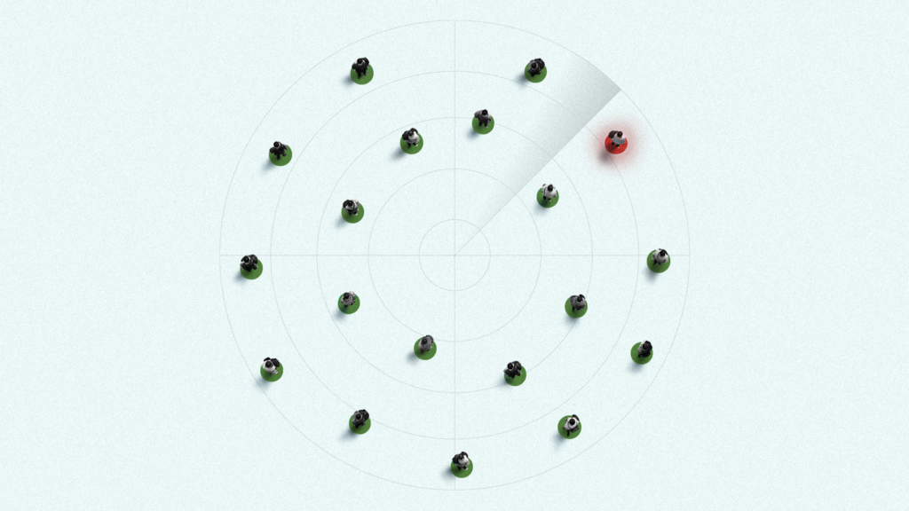 A radar system sweeps across people on green dots arranged in concentric circles; a sweeping beam highlights one person glowing red, flagged as detected.