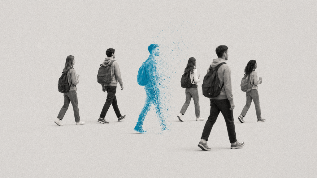 Students in grayscale walk in a line; the center figure dissolves into blue particles, symbolizing someone quietly leaving.