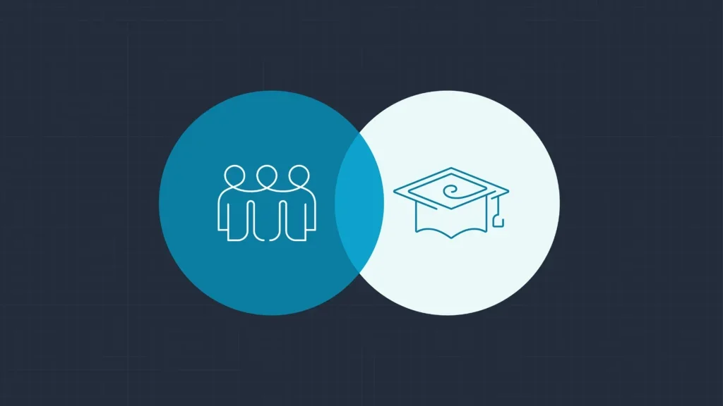 Two circles overlap, one containing an illustration of multiple people and the other containing an illustration of a graduation cap.