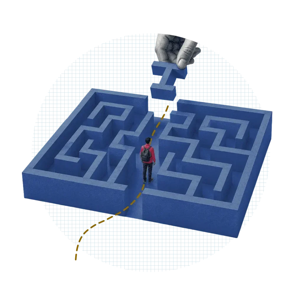 A person makes their way through a blue maze toward a hand pulling a piece of the maze away.