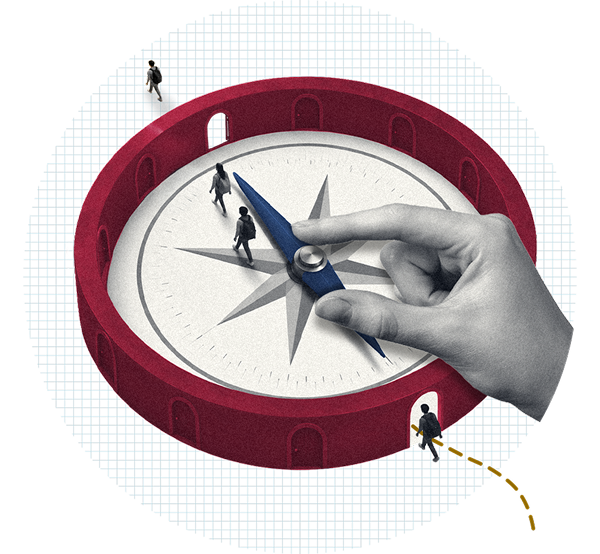 An oversized hand adjusts a compass that several people are walking through.